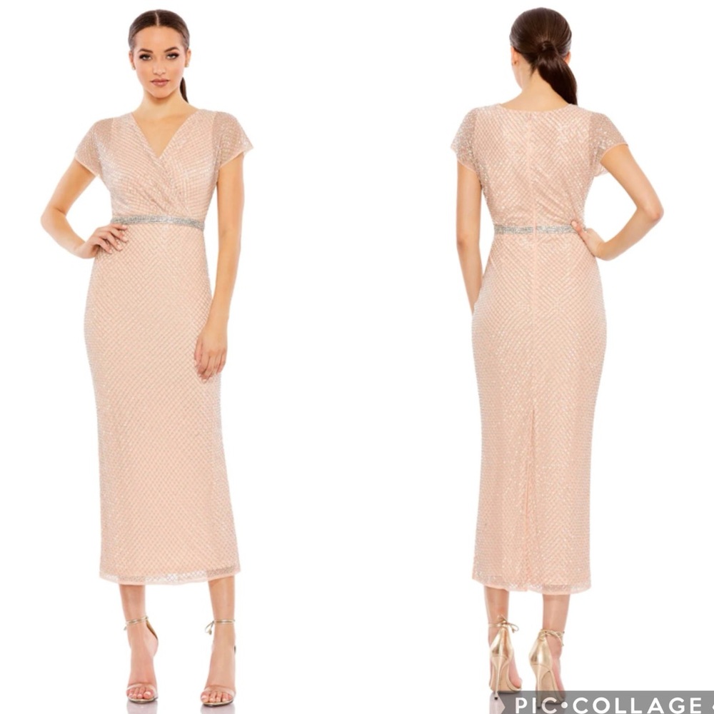 Mac Duggal 93787 Lattice Beaded Short Sleeve Dress Rose‎ Pink 4